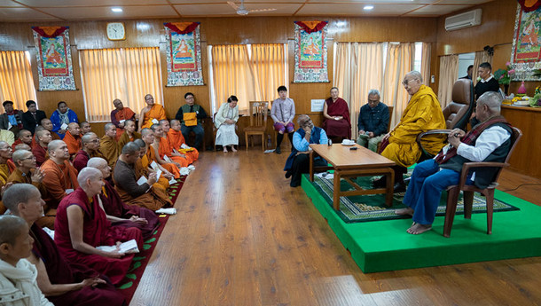 His Holiness the Dalai Lama speaking to members of the International Network of Engaged Buddhists at his residence in Dharamshala, HP, India on October 21, 2019. Photo: Tenzin Choejor