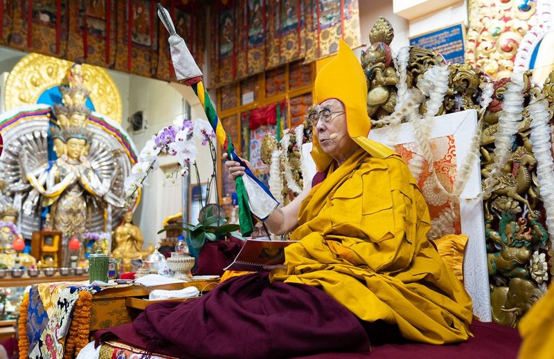 His Holiness the Dalai Lama holding a ritual staff during the Long Life Offering Ceremony at the Main Tibetan Temple in Dharamshala, HP, India on September 13, 2019. Photo by Tenzin Choejor