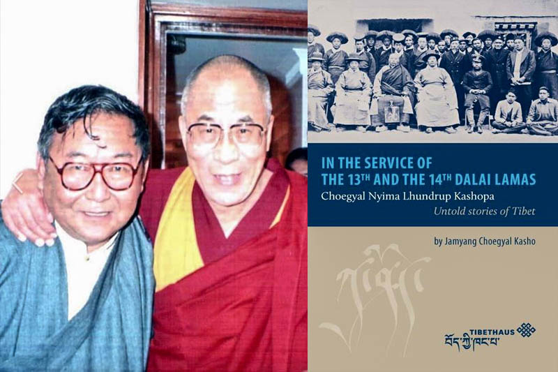 Kashopa Jamyang Choegyal with His Holiness the Dalai Lama and the front cover of his book. Photo: File