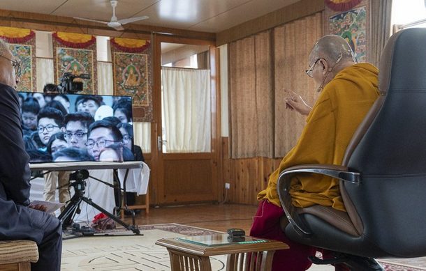 His Holiness answering questions from Chinese and Tibetan students in New York through a video conference, on January 11, 2020. Photo by Tenzin Phuntsok